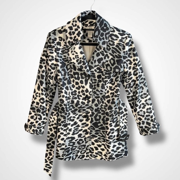Cache Coat Womens Small Black White Leopard Print‎ Belted Trench Jacket Pockets - Picture 6 of 10